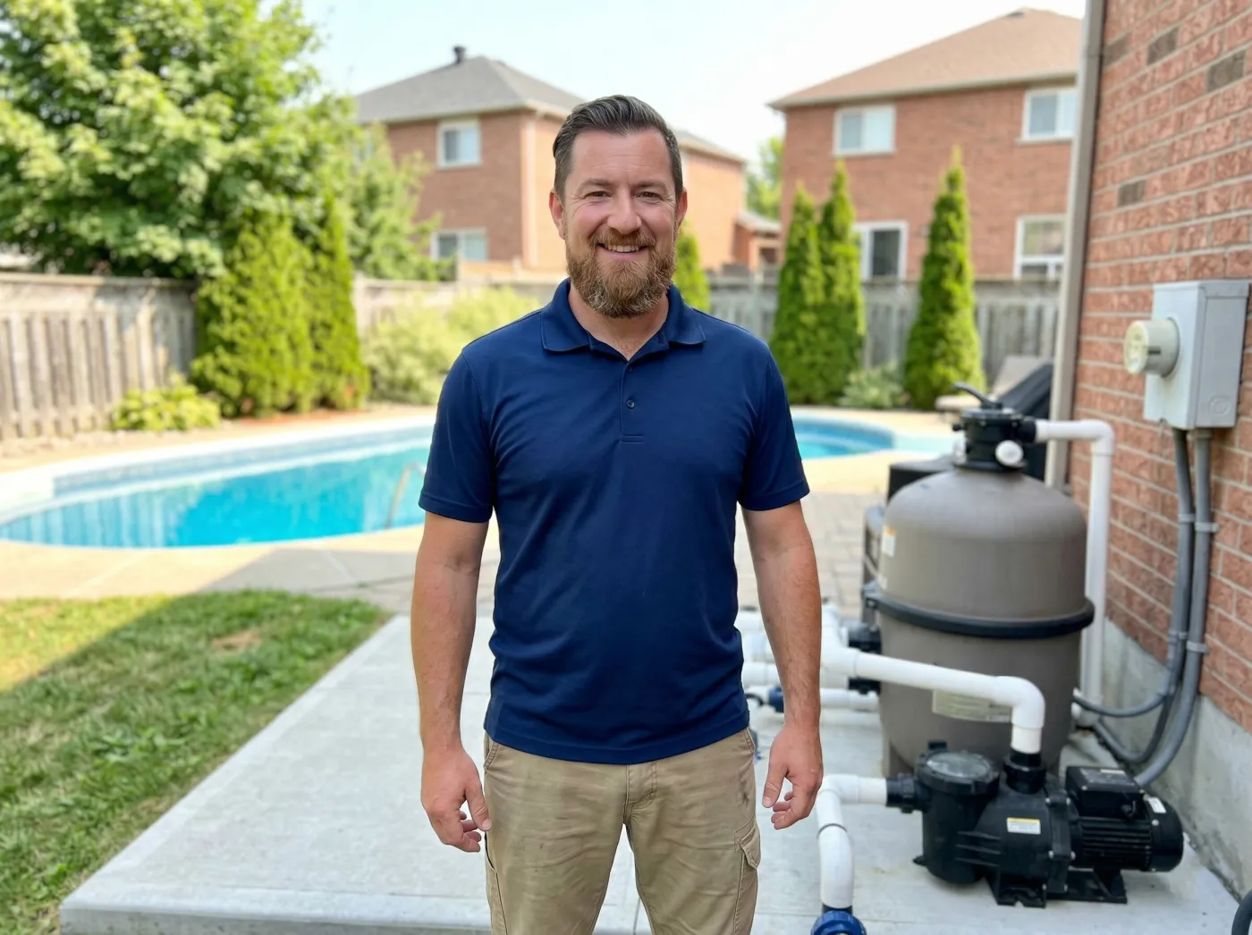 Marc Bovet, owner of Maxc Pools, standing beside pool equipment