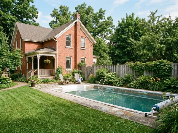 Residential pool next to an older Ontario home with mature landscaping in a Brantford neighbourhood