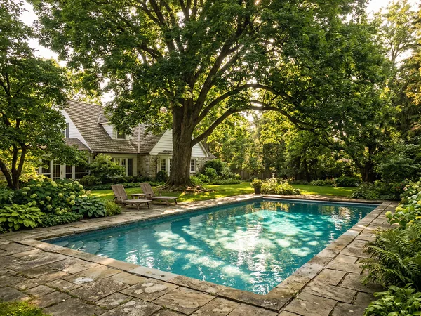 Residential pool under a mature tree canopy with dappled sunlight in an established Burlington neighbourhood