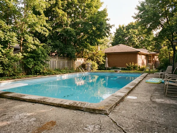 Older concrete inground pool in a mature Hamilton neighbourhood with brick bungalow and established trees