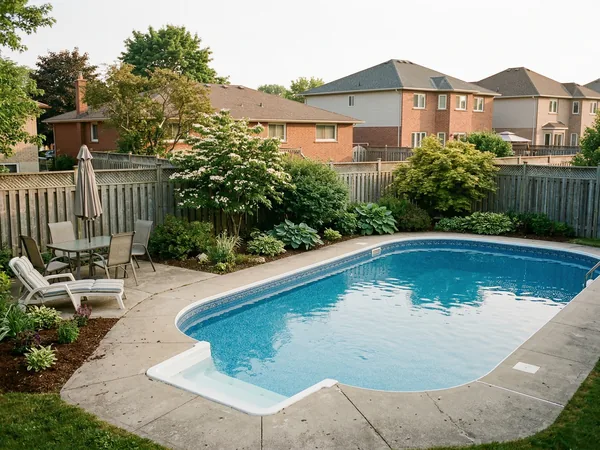 Mid-age vinyl liner pool with concrete patio in a suburban Waterdown backyard