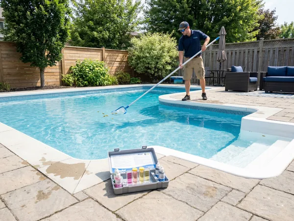 Pool technician skimming a residential pool with a chemical test kit open on the deck