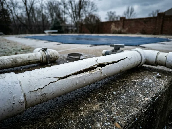 Cracked PVC pool plumbing pipe showing freeze damage on a residential equipment pad