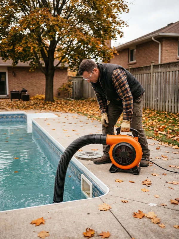 Pool technician using an air blower to blow out plumbing lines during a fall pool closing