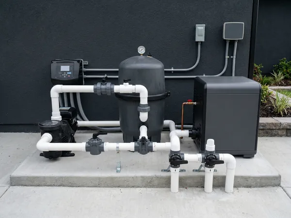 Clean, professionally installed pool equipment pad with variable-speed pump, filter, and heater