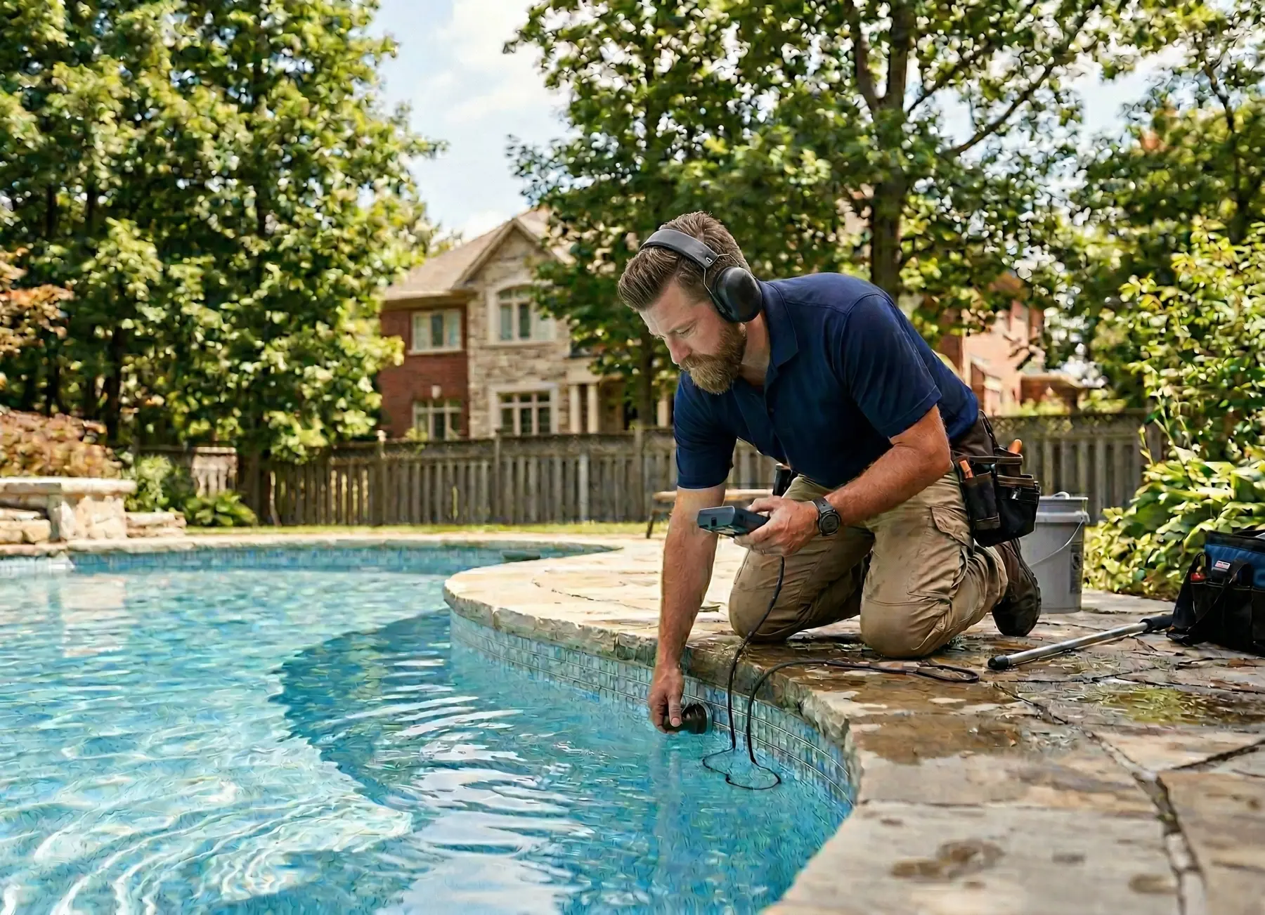 Pool technician using a hydrophone to detect a leak at the edge of a residential inground pool