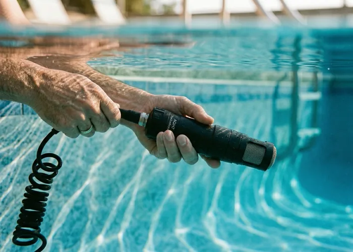 Hands holding a hydrophone sensor submerged in pool water during a leak detection test