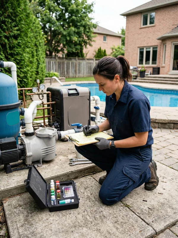 Pool technician crouched at an equipment pad writing inspection notes with a water test kit beside them