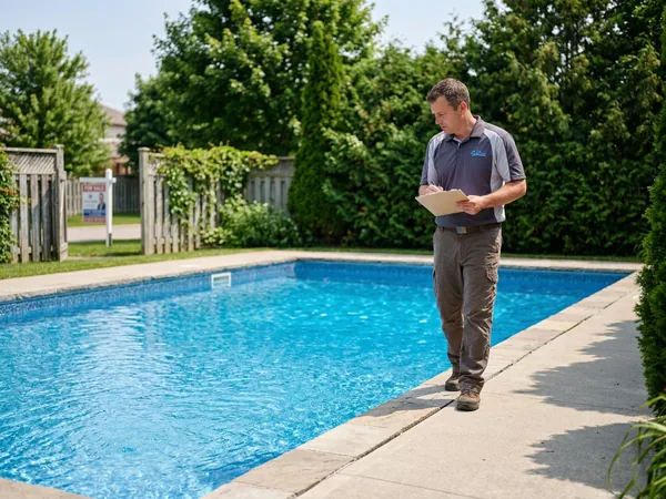 Pool technician inspecting the coping of a residential pool with a clipboard, For Sale sign visible in background
