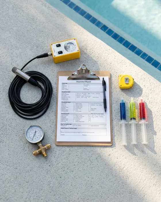 Leak detection tools laid out on a pool deck: hydrophone, pressure gauge, dye syringes, and inspection report clipboard