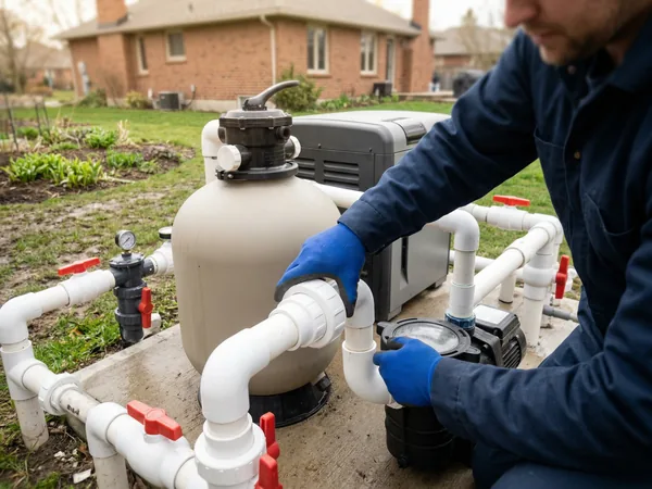 Pool technician reconnecting plumbing at an equipment pad during a spring pool opening